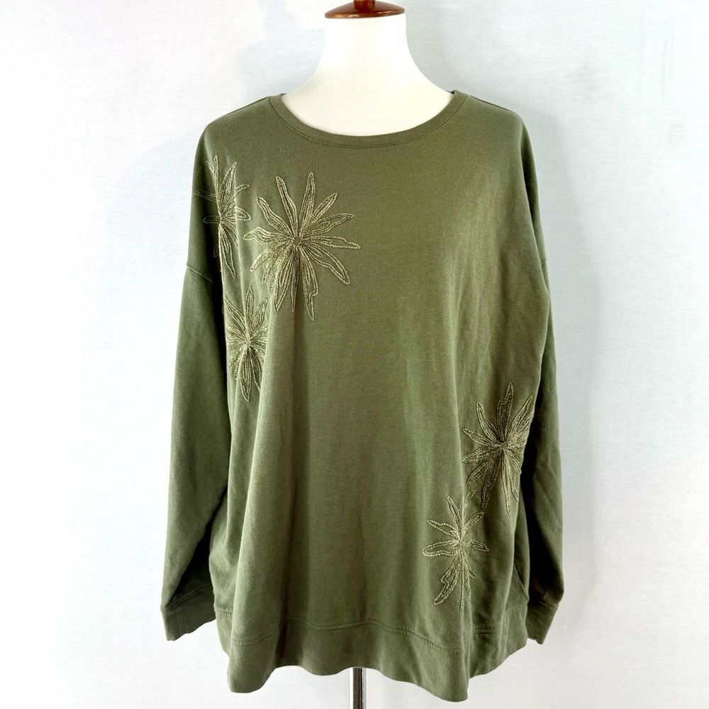 J. Jill Olive Green Floral Embroidered Pull Over Top